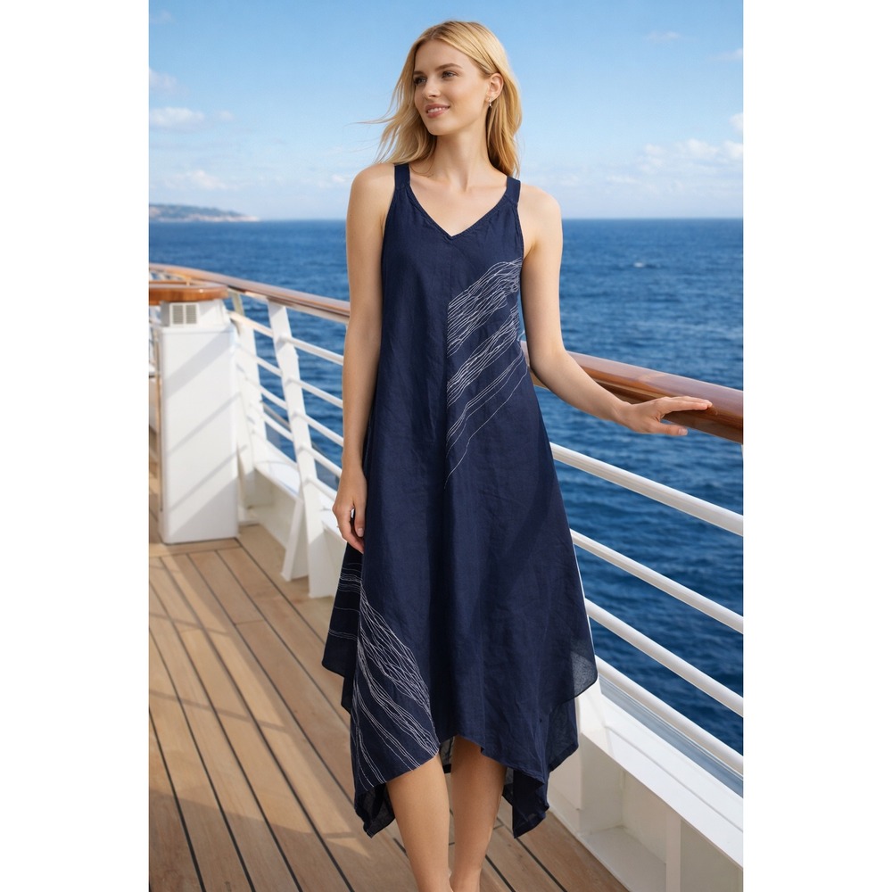 Eileen Fisher Irish Linen Asymmetrical Midi Dress Navy Blue Stitch Sleeveless  L